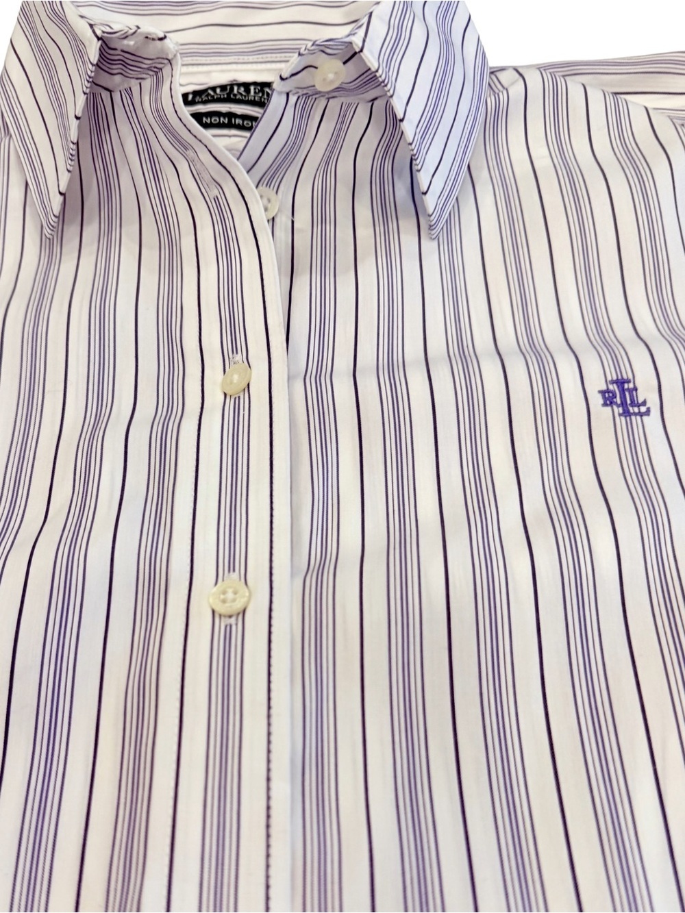 Lauren Ralph Lauren Women’s Stripe Button Down Shirt Purple White Stripe Sz S/P